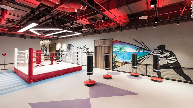 Hotel Jen Beijing&#39;s vast two-story gym features a boxing ring.