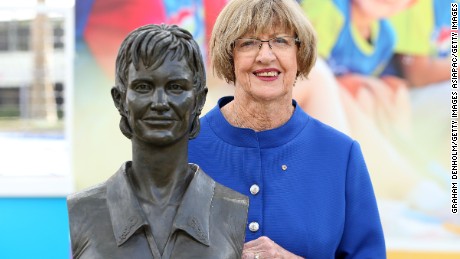 MELBOURNE, AUSTRALIA - JANUARY 29:  Margaret Court poses with a bronze bust of herself during the 2015 Australian Open at Melbourne Park on January 29, 2015 in Melbourne, Australia.  (Photo by Graham Denholm/Getty Images)