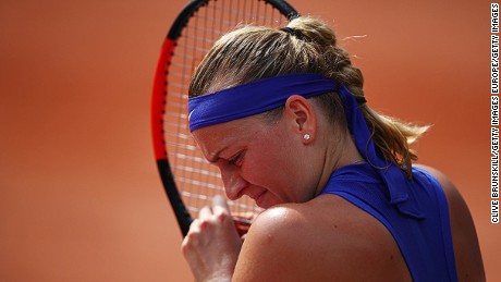 PARIS, FRANCE - MAY 28:  Petra Kvitova of the Czech Republic looks on during the ladies singles first round match against Julia Boserup of the United States on day one of the 2017 French Open at Roland Garros on May 28, 2017 in Paris, France.  (Photo by Clive Brunskill/Getty Images)