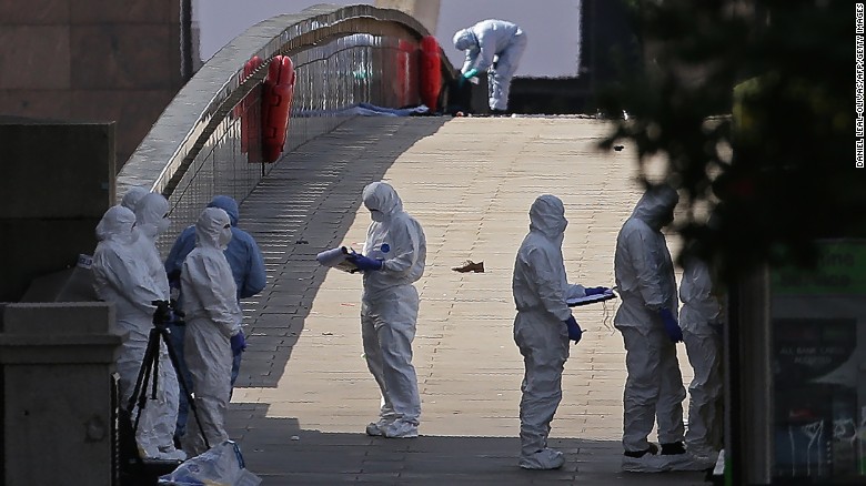 Forensic officers work at the scene of a terror attack at London Bridge in London on Sunday, June 4. At least seven people were killed in attacks late Saturday as a van mowed down pedestrians on London Bridge before attackers then stabbed victims at nearby Borough Market.