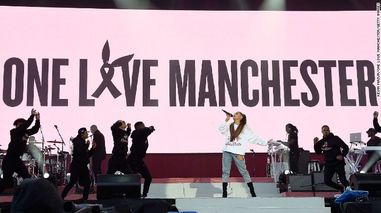 Ariana Grande performs during the &lt;a href=&quot;http://www.cnn.com/2017/06/04/world/grande-benefit-concert/index.html?adkey=bn&quot; target=&quot;_blank&quot;&gt;One Love Manchester Benefit Concert&lt;/a&gt; at Old Trafford on Sunday, June 4, in Manchester, England. The benefit concert by Grande and other pop stars went on as planned in the UK city, which is still recovering from a suicide bombing at Grande&#39;s show there two weeks ago.