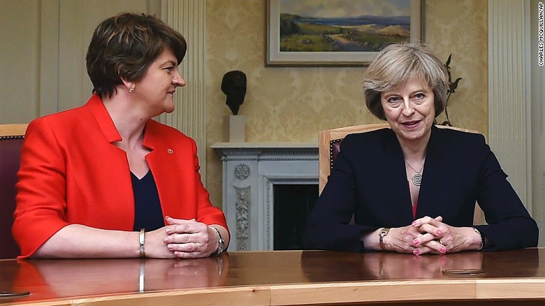 Arlene Foster, (left) leader of the Democratic Unionist Party, sits with Theresa May. The British Prime Minister needs the support of the DUP in Northern Ireland to form a new government. 