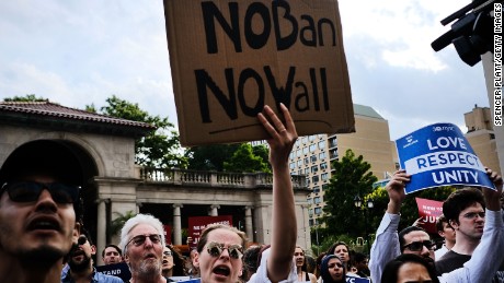 Recent Immigrants join activists for an evening protest in Manhattan hours before a revised version of President Donald Trump&#39;s travel ban that was approved by the Supreme Court is to take effect on June 29, 2017 in New York City. 