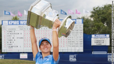 OLYMPIA FIELDS, IL - JULY 02:  Danielle Kang poses with the trophy after winning the 2017 KPMG Women&#39;s PGA Championship at Olympia Fields Country Club on July 2, 2017 in Olympia Fields, Illinois.  (Photo by Scott Halleran/Getty Images for KPMG)