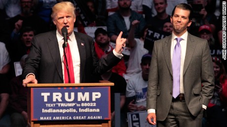 INDIANAPOLIS, IN - APRIL 27: Republican presidential candidate Donald Trump introduces his son Donald Trump Jr. as he addresses the crowd during a campaign rally at the Indiana Farmers Coliseum on April 27, 2016 in Indianapolis, Indiana. Trump is preparing for the Indiana Primary on May 3.   (Photo by John Sommers II/Getty Images)