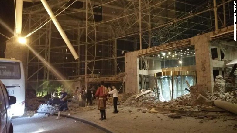 Rubble sits in front of a hotel after an earthquake struck Jiuzhaigou County in China&#39;s Sichuan Province.