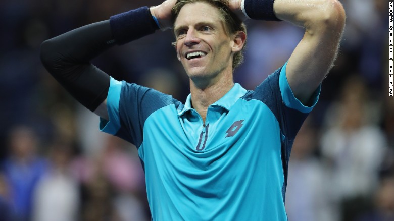 Kevin Anderson celebrates after defeating Pablo Carreno Busta to reach his first major final.