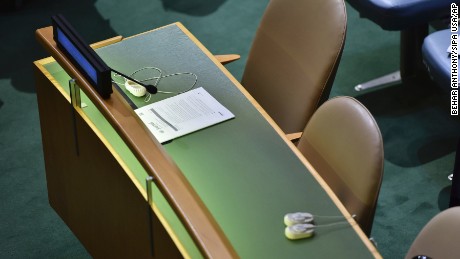 Two empty chairs of the Democratic People&#39;s Republic of Korea as President Trump addressed the United Nations General Assembly.