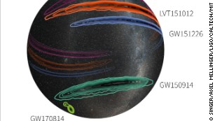 Gravitational wave source areas are mapped across the sky in this graphic. Note how much smaller the GW170814 area is -- indicating the higher precision we have in locating the source with three detectors.